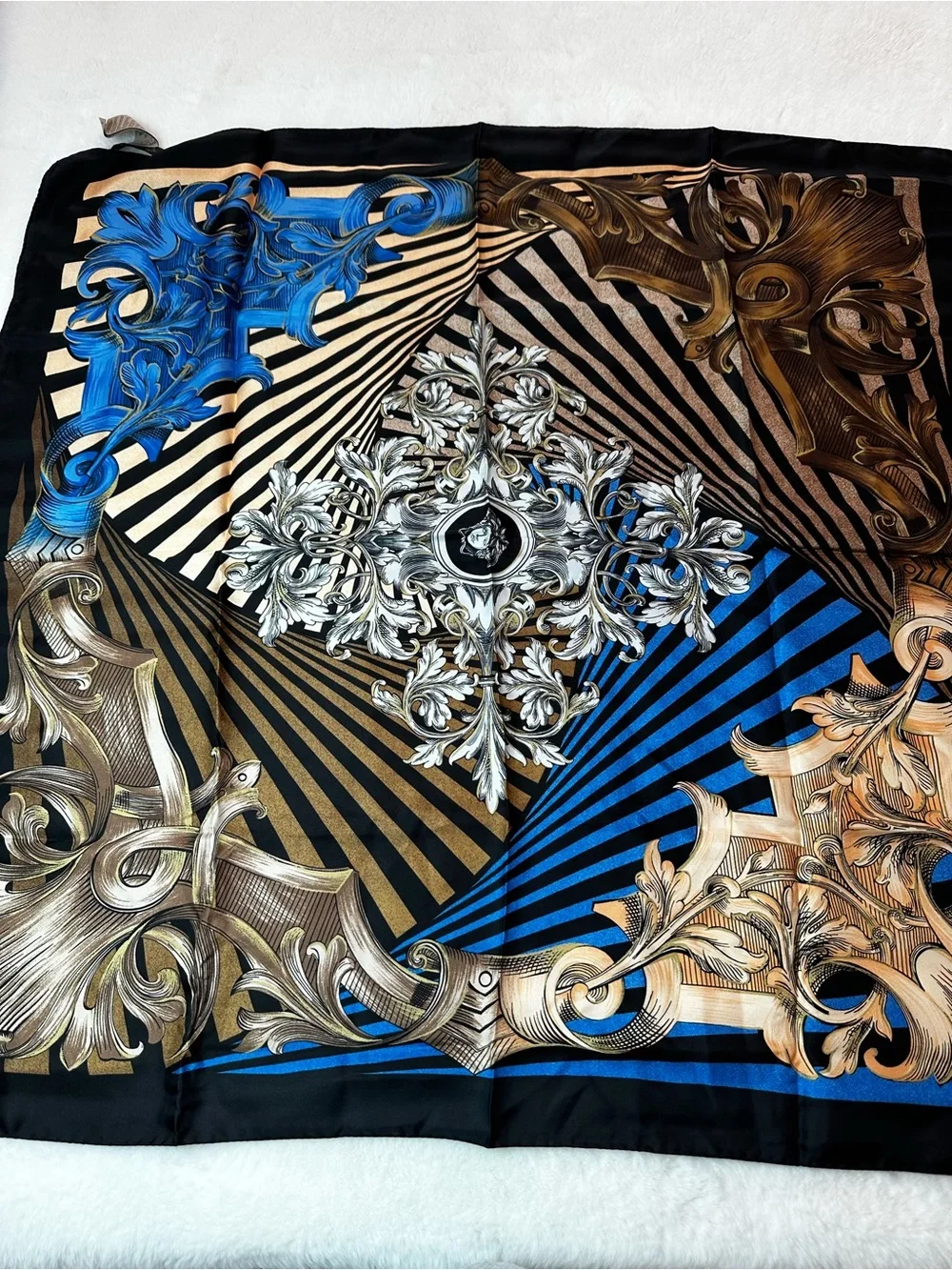 Versace Silk Medallion Scarf in Blue, Gold & Black